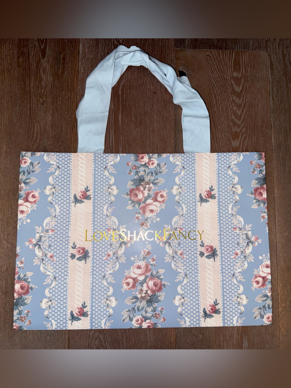 LoveShackFancy Blue Floral Tote with Pink Rose Detail